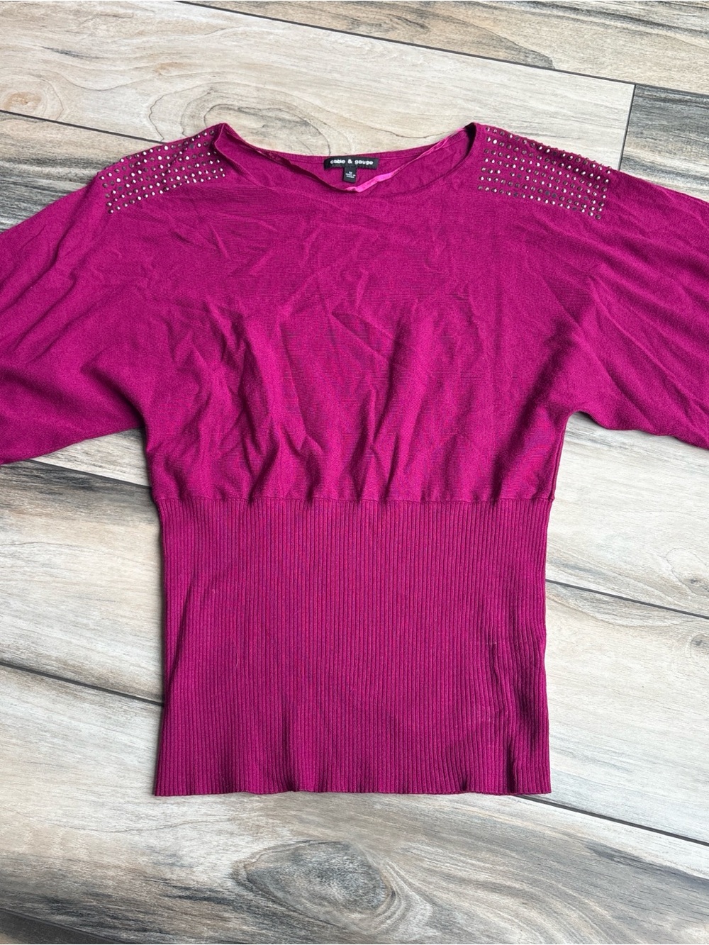 Cable & Gauge Magenta Stud-Shoulder Ribbed Waist Knit Top